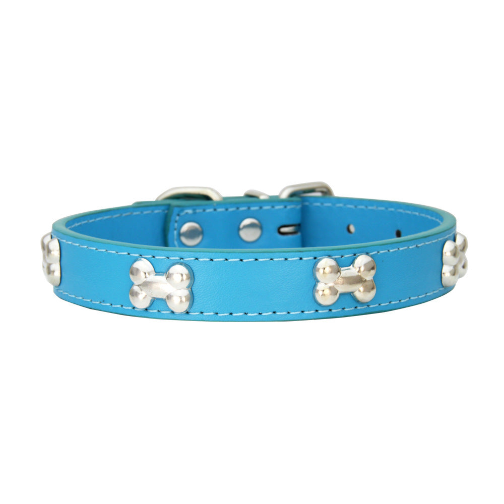 Purple PU leather dog collar featuring silver bone studs