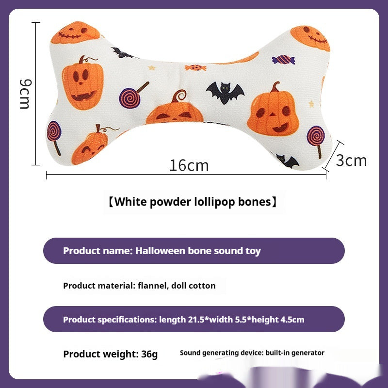 White Halloween bone toy with lollipop and pumpkin decorations, dimensions shown