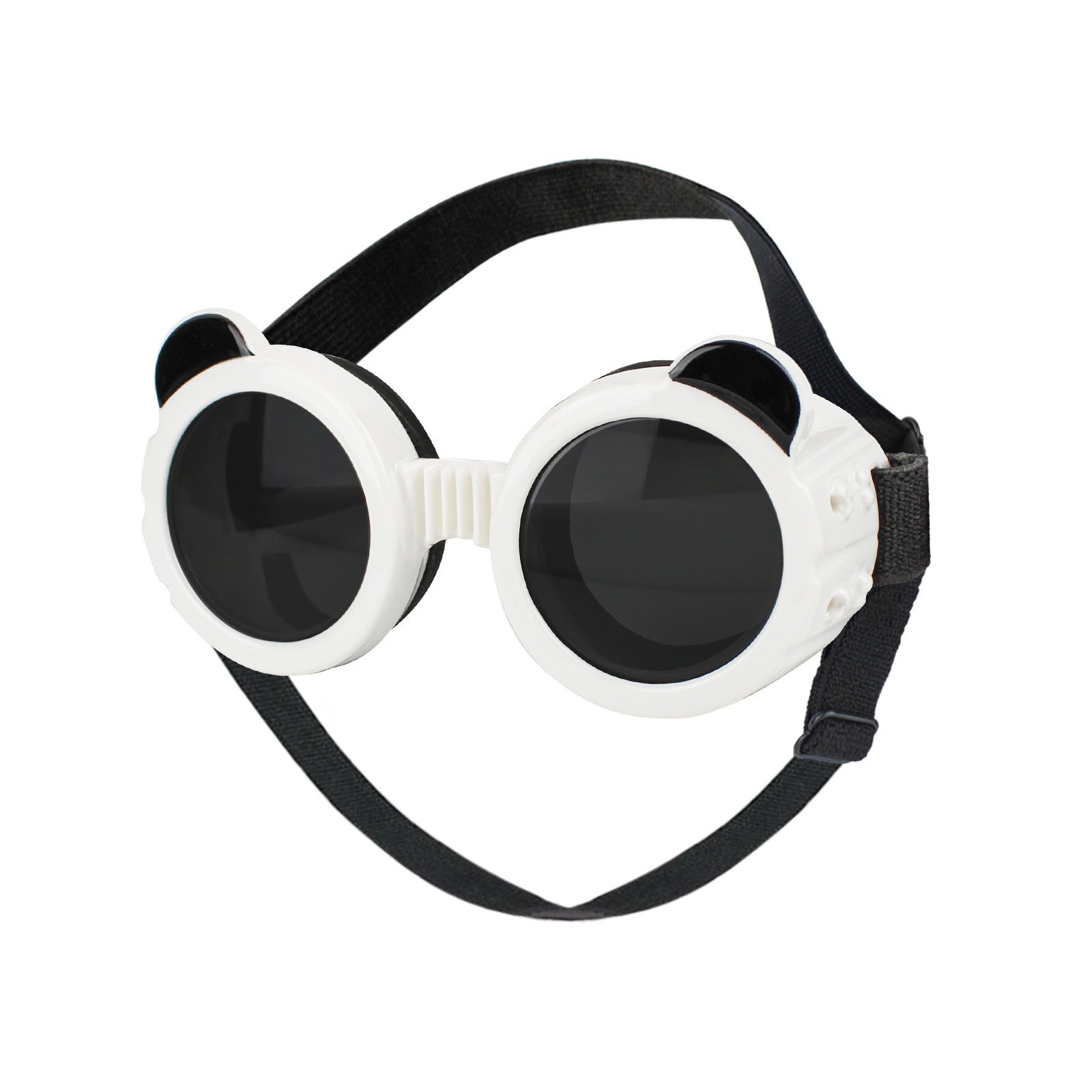 White pet goggles with bear-ear design and adjustable strap