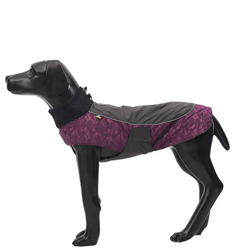 Mannequin model showcasing a purple camo and gray waterproof dog winter jacket side view