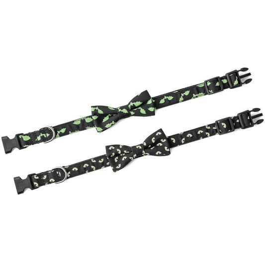 Pair of pet collars laid flat showing adjustable nylon straps and bow ties in green bat and glowing eyes designs