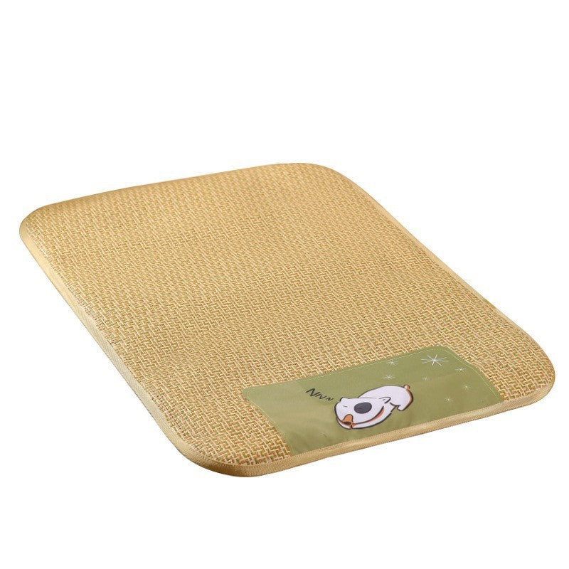Yellow breathable woven pet mat with cushioned edges and cute dog print patch, isolated on white background