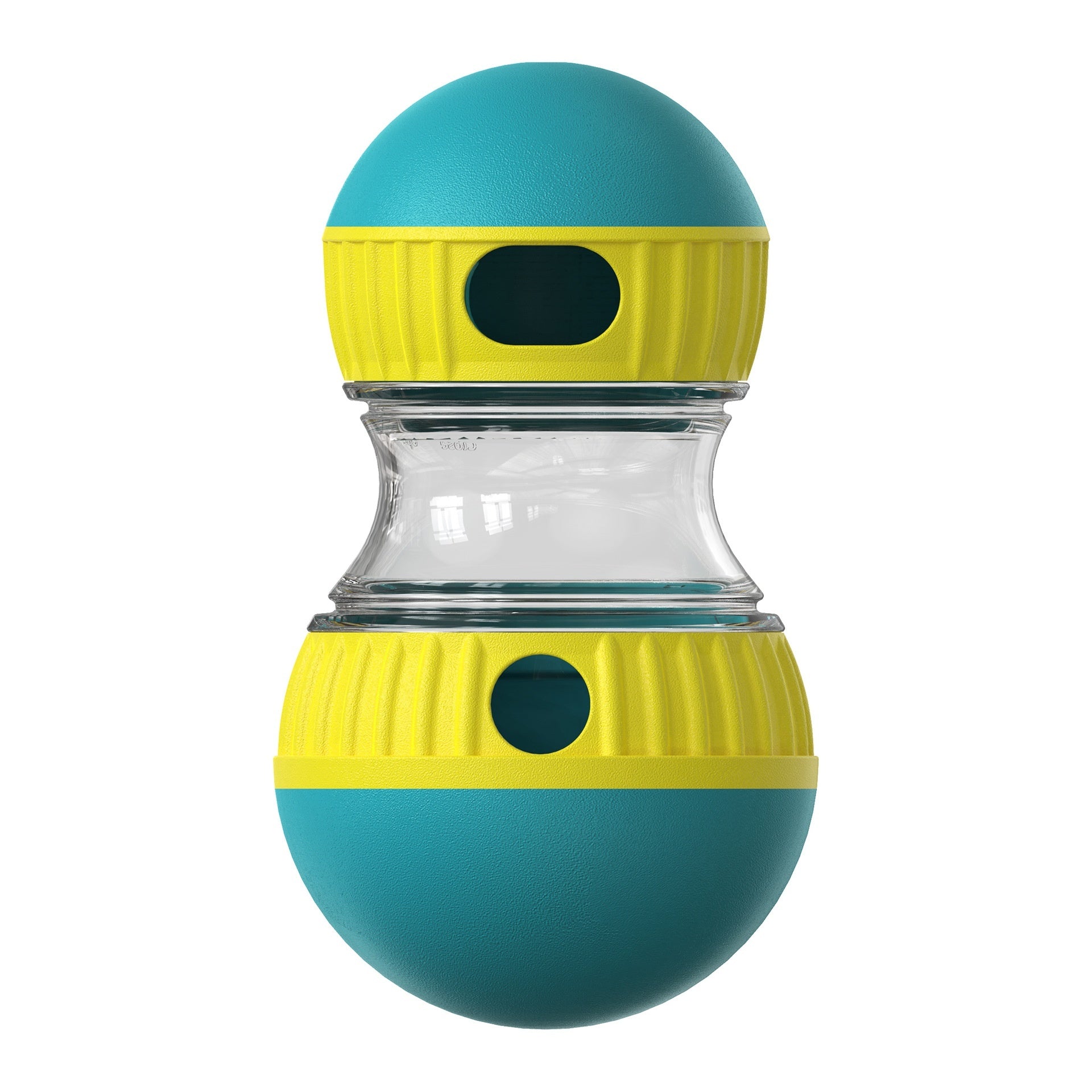 Teal/yellow dog food dispensing toy isolated on white background showing textured grip and transparent treat chamber