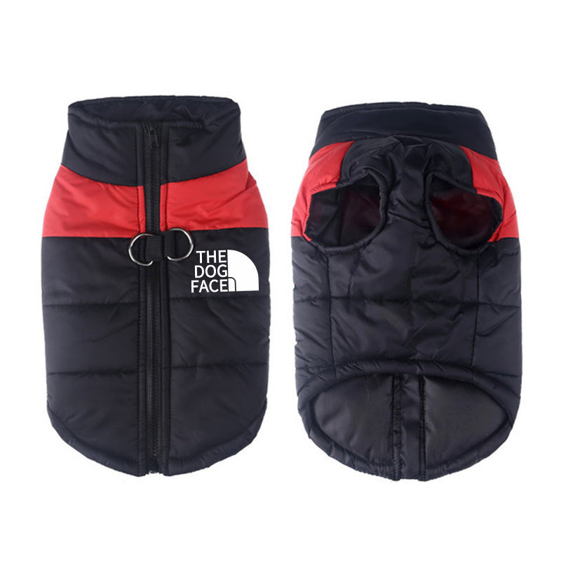 Front and back view of black and red waterproof dog vest with padded insulation and leash attachment rings