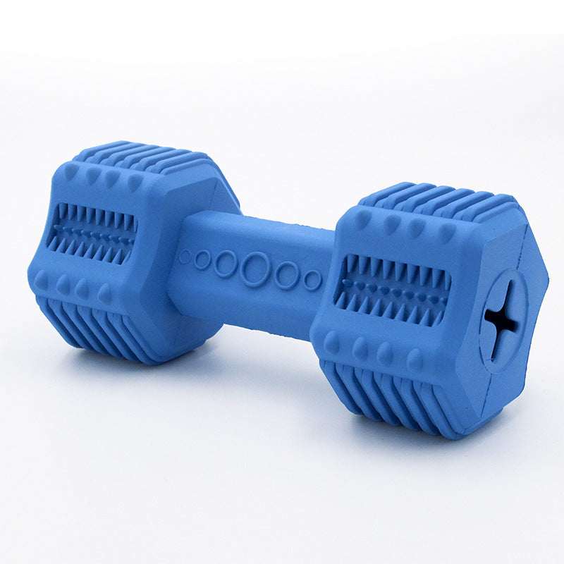 Blue rubber dumbbell-shaped dog chew toy with textured ends designed for dental exercise