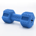 Charger l'image dans la visionneuse de la galerie, Blue rubber dumbbell-shaped dog chew toy with textured ends designed for dental exercise
