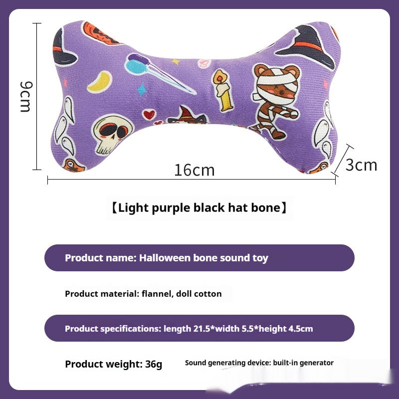 Light purple Halloween bone toy with mummy and candle prints, dimensions shown