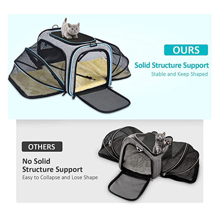 Comparison image of expandable pet carrier with solid structure support versus a carrier without support collapsing, both holding cats