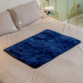 Cargar la imagen en la vista de la galería, Deep blue plush pet blanket spread flat on a beige bed without pet
