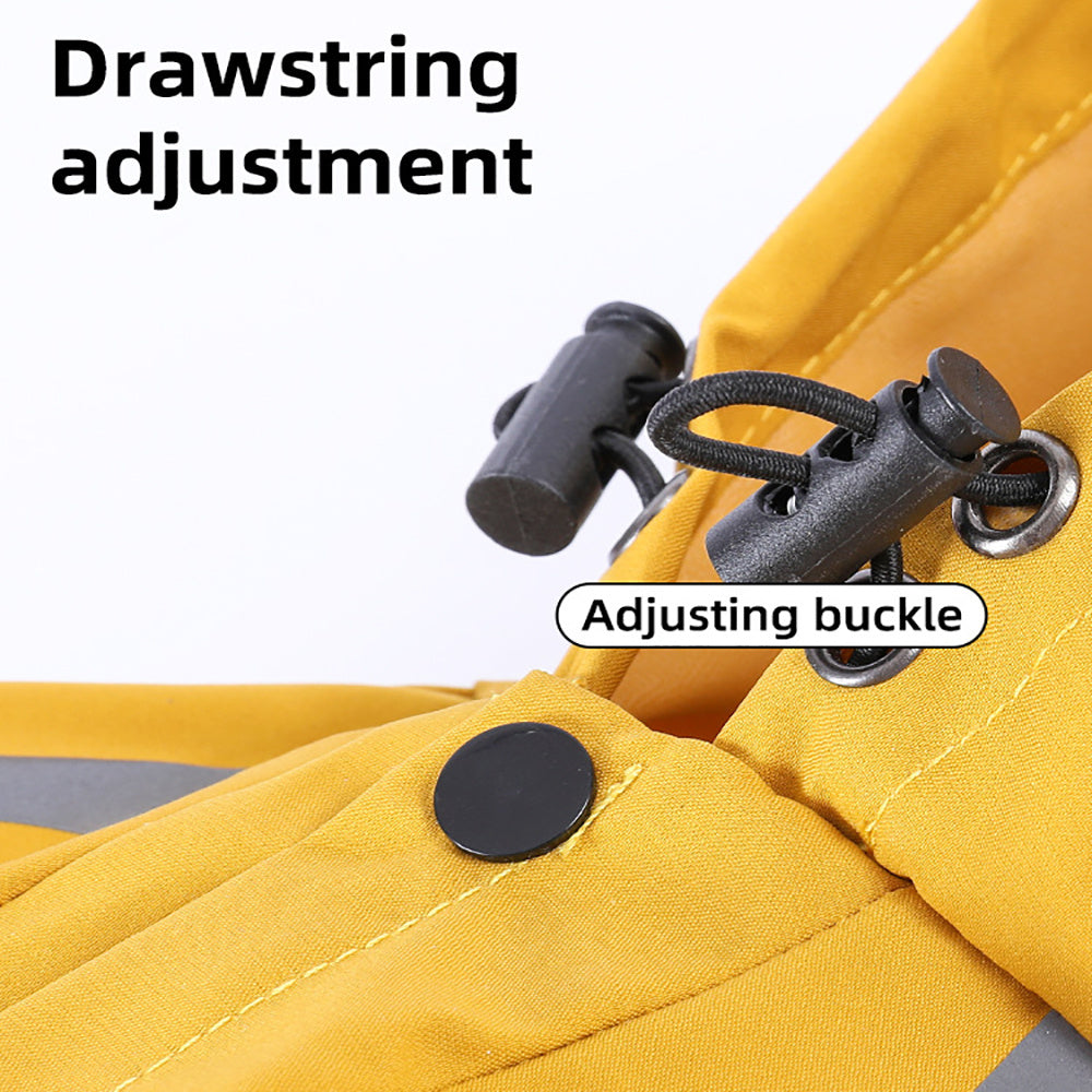 Detail of adjustable drawstring and buckle on yellow dog raincoat hood