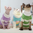 Cargar la imagen en la vista de la galería, Three cats wearing colorful striped wool sweaters sitting on a bed
