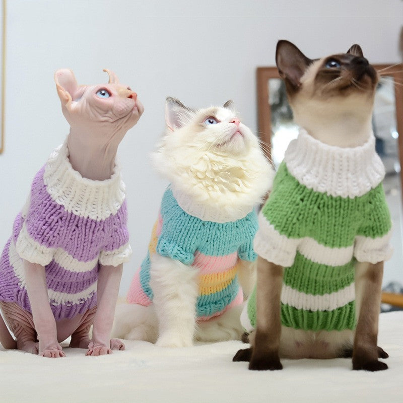 Three cats wearing colorful striped wool sweaters sitting on a bed