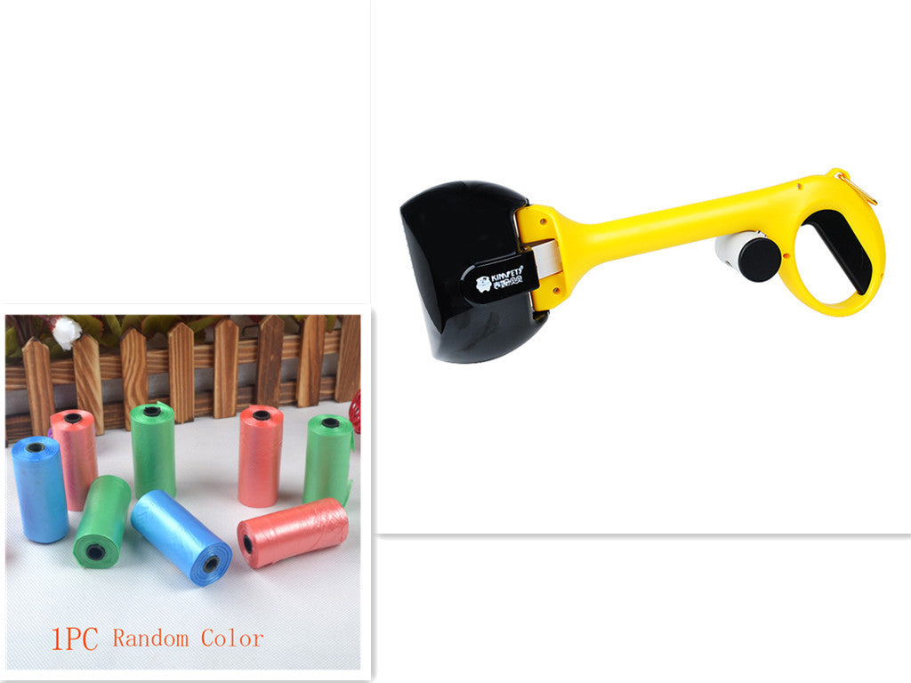 Yellow and black portable dog waste scooper alongside assorted colored waste bag rolls