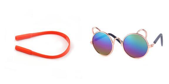 Red silicone strap accessory next to cat ear round sunglasses with purple gradient lenses