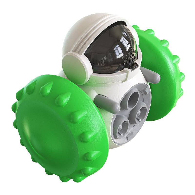 Green wheeled version of the food dispensing interactive pet toy