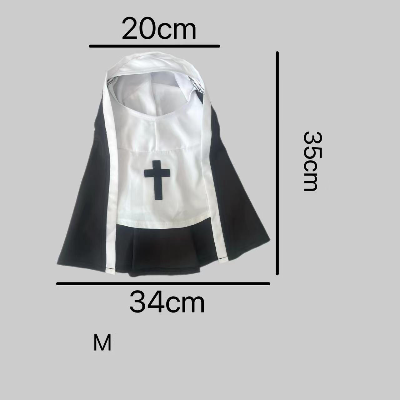 Nun costume with black and white habit and cross shown with size S measurements