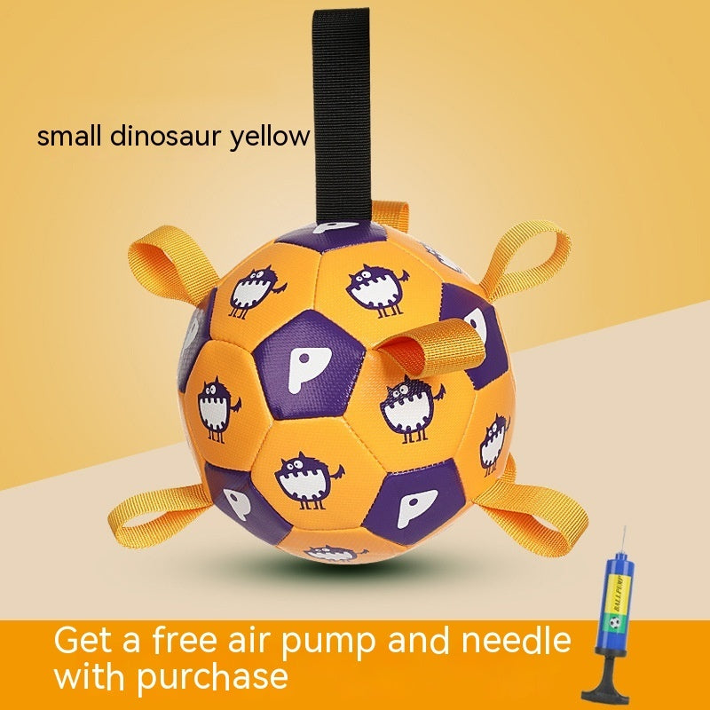 Orange and purple inflatable dog toy ball with cartoon bird prints and orange loops with a free air pump displayed