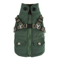Charger l'image dans la visionneuse de la galerie, Green quilted winter dog vest with collar, zipper front, adjustable harness straps, and snap pockets
