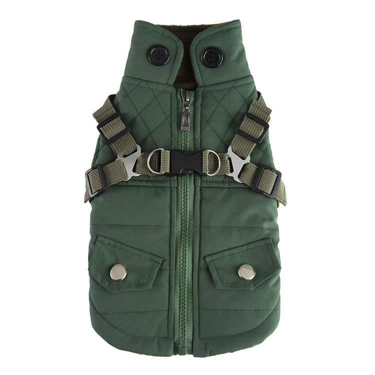 Green quilted winter dog vest with collar, zipper front, adjustable harness straps, and snap pockets