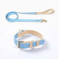 Cargar la imagen en la vista de la galería, Light blue leather dog leash with beige handle and matching collar on white background
