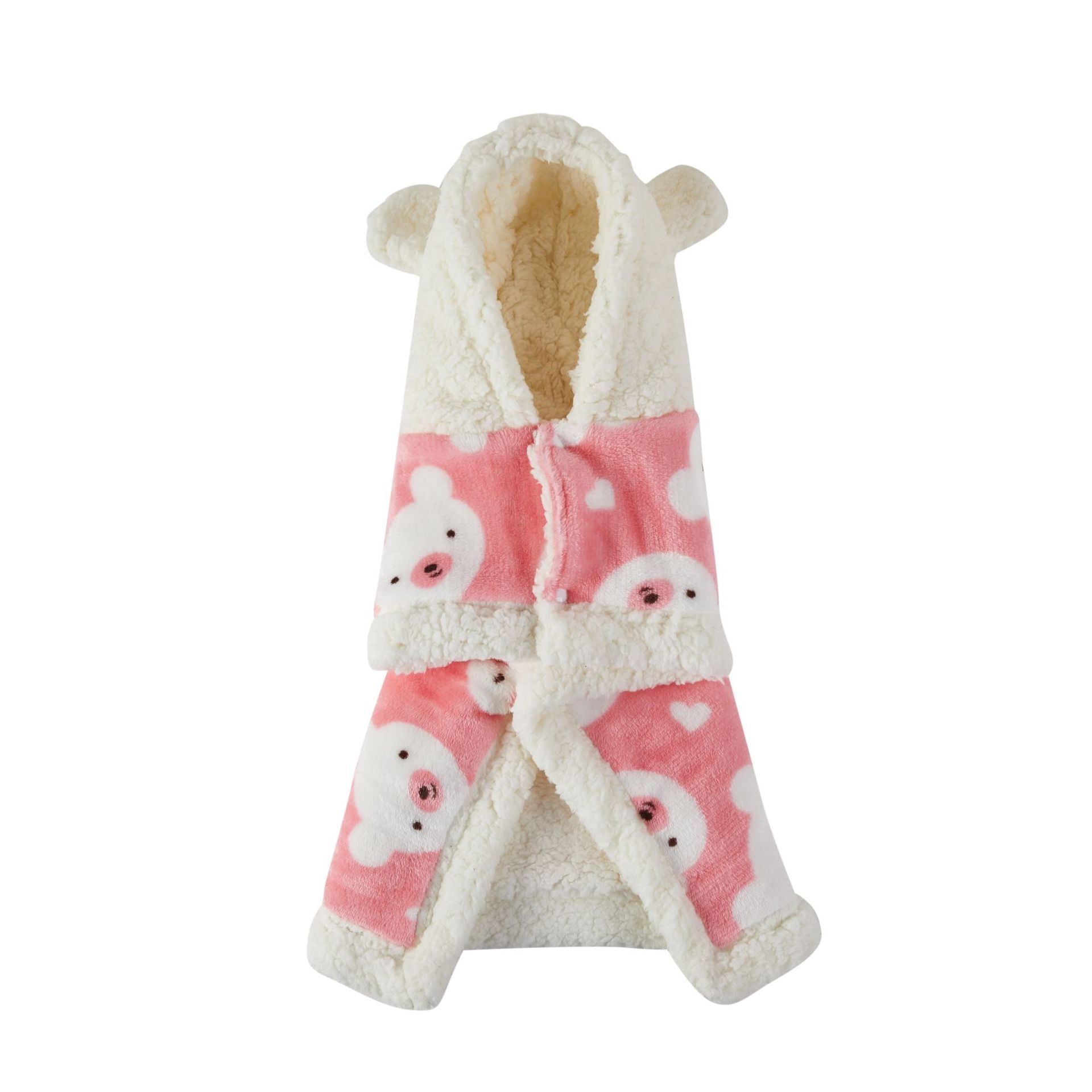 Brown flannel hooded pet shawl laid flat showing teddy bear pattern with fleece lining