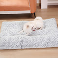 Load image into Gallery viewer, White fluffy dog resting on a thick light gray rose velvet plush dog bed on wooden floor
