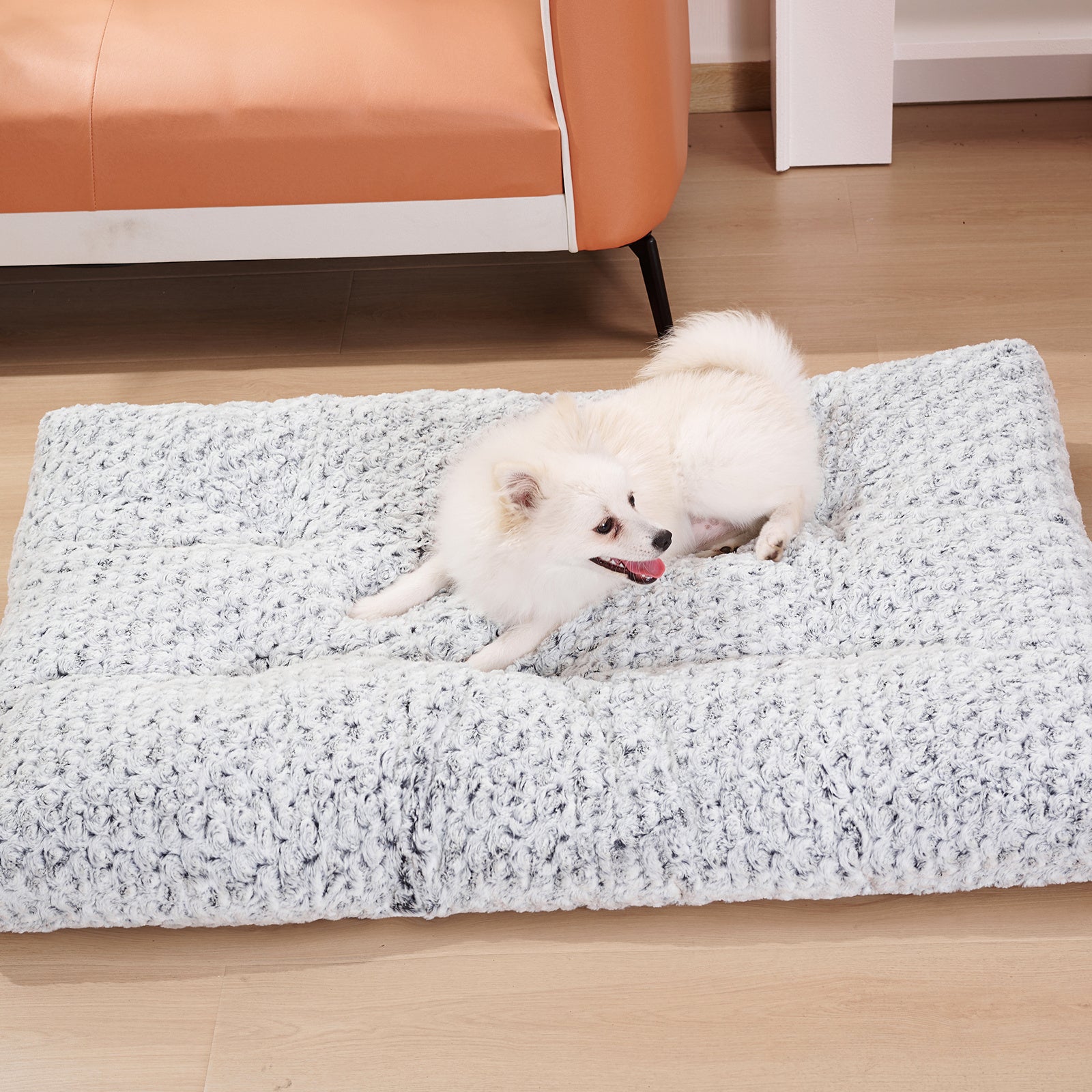 White fluffy dog resting on a thick light gray rose velvet plush dog bed on wooden floor