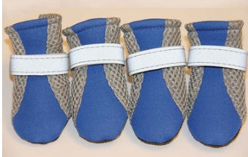Four blue breathable dog shoes with gray mesh sides and white adjustable straps