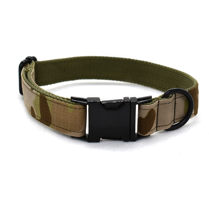 Camouflage adjustable dog collar with black plastic buckle and D-ring