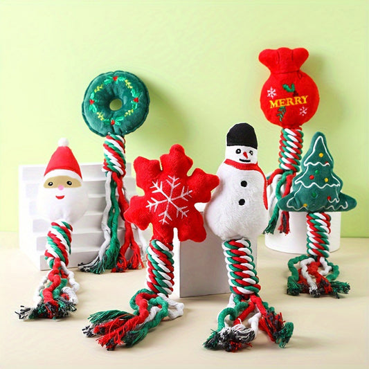 Set of six Christmas-themed dog toys with plush holiday shapes and twisted red, white, and green cotton rope