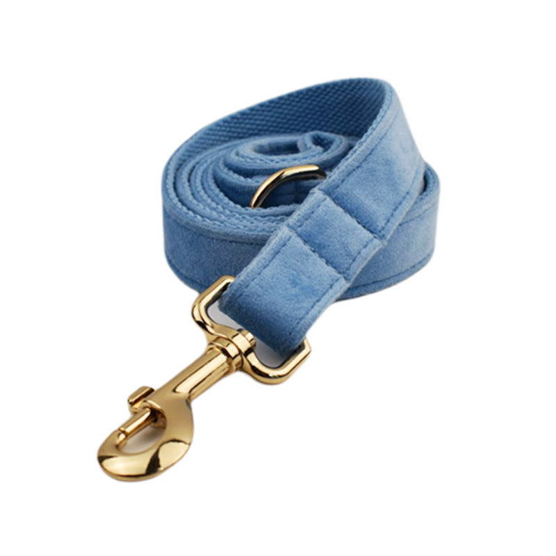 Blue velvet dog leash with gold-tone clasp