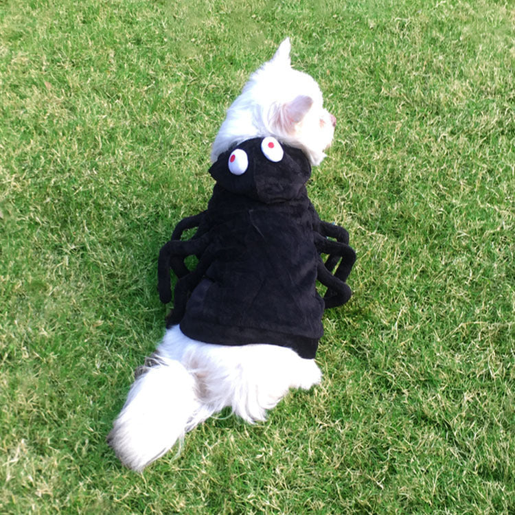 White dog wearing black plush spider hoodie with 3D legs outdoors on grass