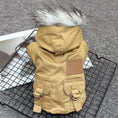 Cargar la imagen en la vista de la galería, Back view of a khaki winter dog coat with faux fur-trimmed hood and leather patch logo
