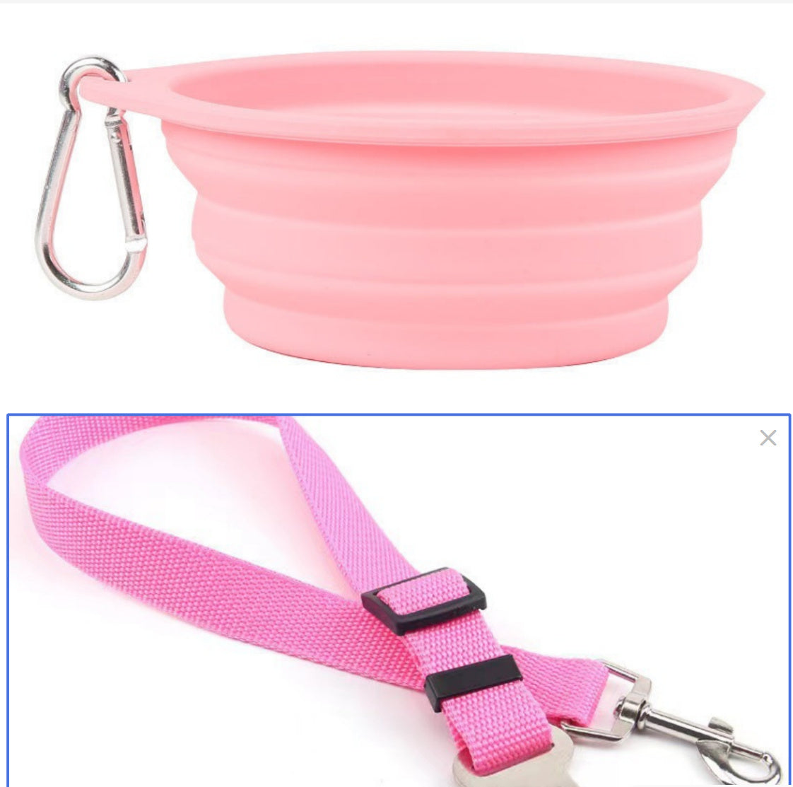 Collapsible silicone pet water bowl in pink with clip attached