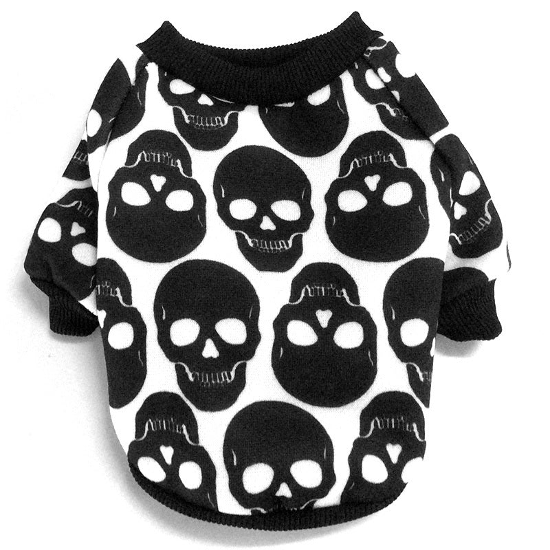 Flat lay of black and white skull print dog shirt with black ribbed trim on sleeves and neck
