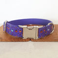 Load image into Gallery viewer, Close-up of purple Halloween dog collar showing metal buckle and festive pumpkin and skull pattern
