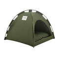 Cargar la imagen en la vista de la galería, Olive green indoor pet tent bed showing front open entrance and soft cushion inside

