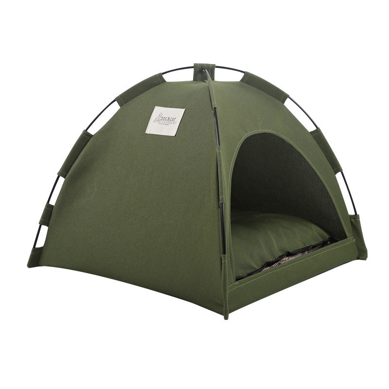 Olive green indoor pet tent bed showing front open entrance and soft cushion inside