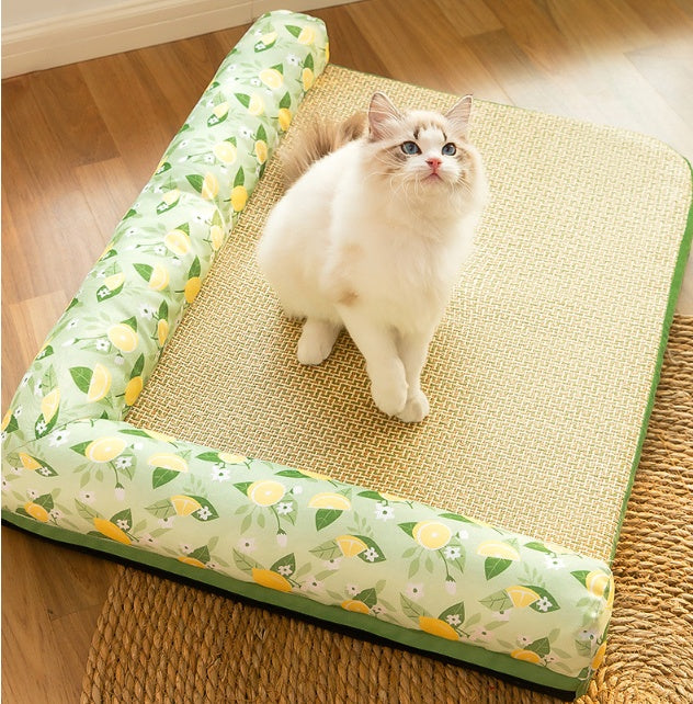 White cat sitting on the cooling bolster pet bed with lemon patterned bolsters and woven mat surface.