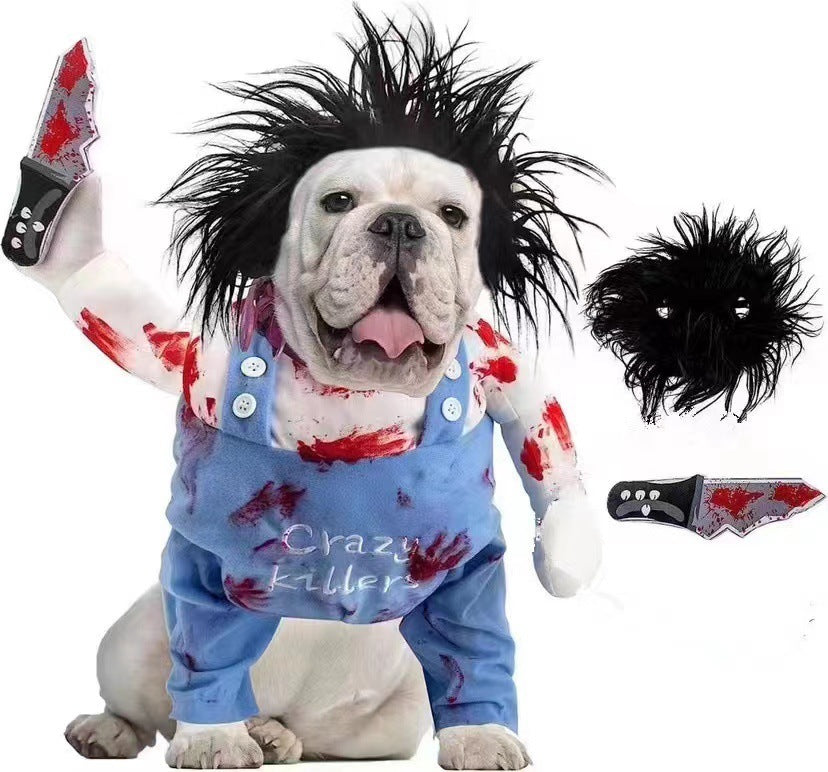 Dog wearing a Crazy Killer Halloween costume with blood-splattered blue jumpsuit, black messy wig, and holding a bloody knife prop