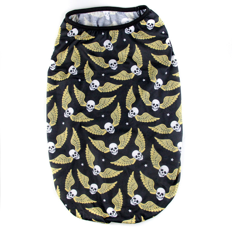 Flat lay of black dog shirt with gold winged skull prints and elastic bottom
