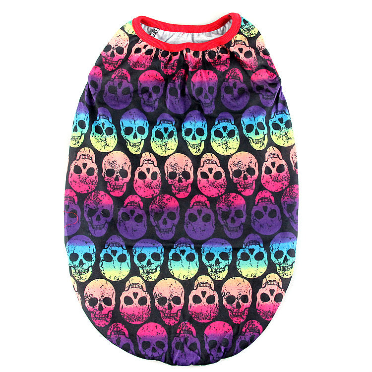 Flat lay of sleeveless rainbow skull dog shirt with red collar trim