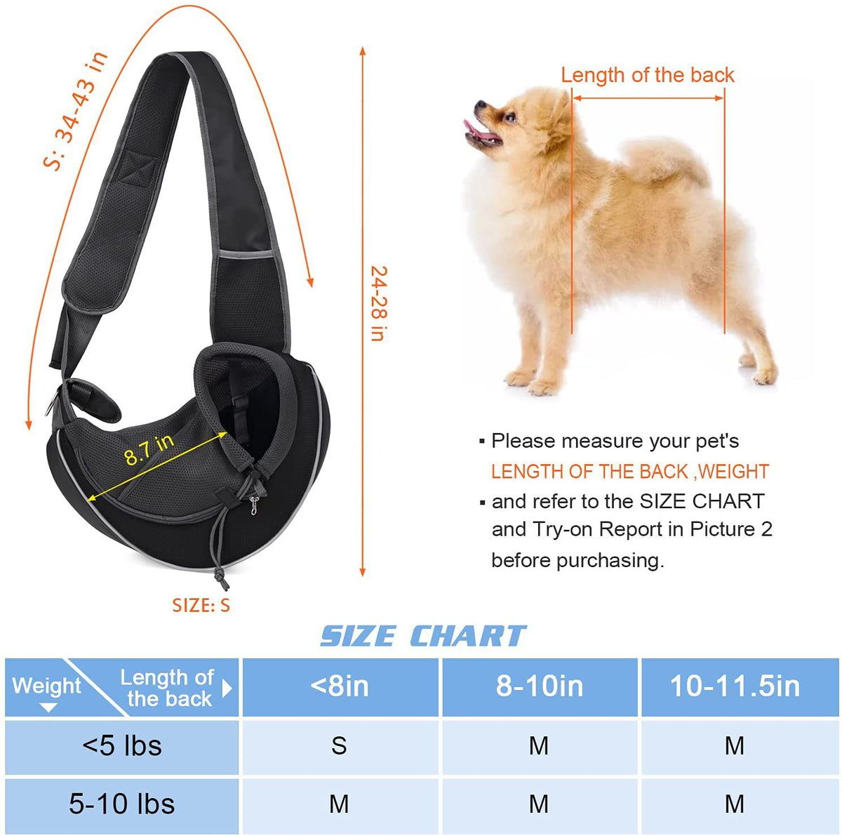 Measurement guide with pet sling carrier size dimensions and small dog showing back length for accurate fitting