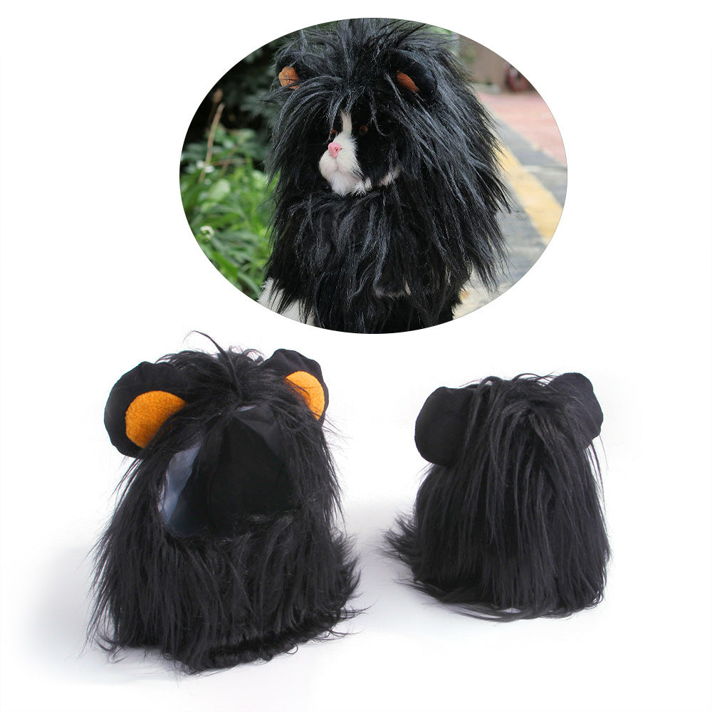 Two black lion mane pet headgears showing inner lining and exterior fur with orange ears