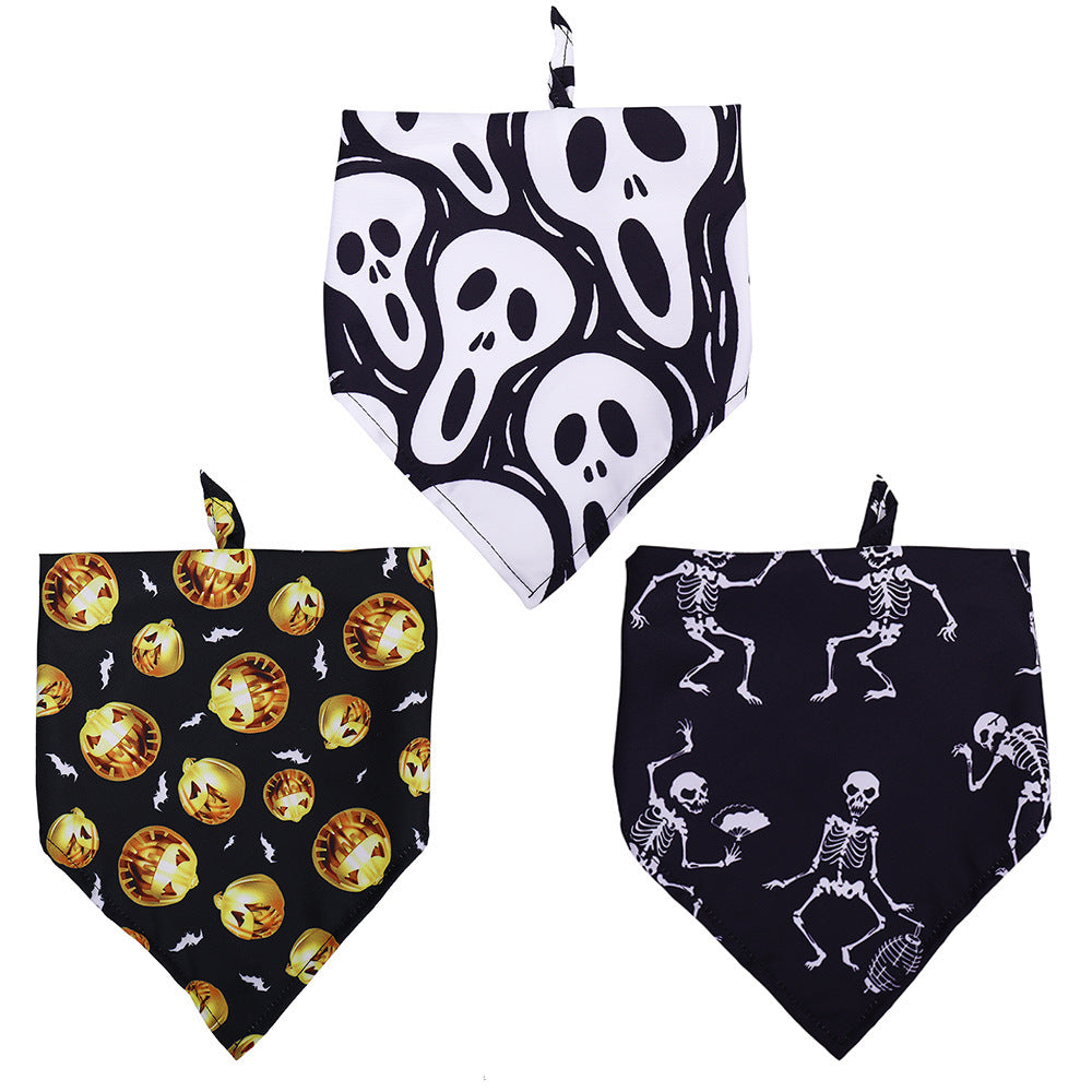Three Halloween-themed dog bandanas featuring screaming ghost faces, dancing skeletons, and jack-o-lantern pumpkins