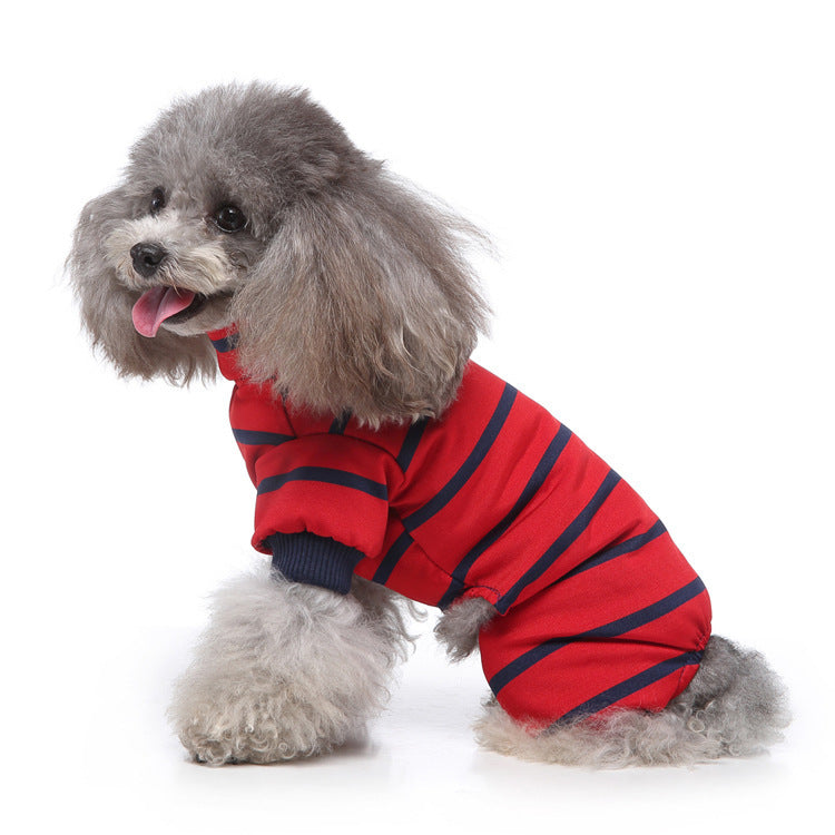 Red and navy blue striped dog pajamas laid flat showing full front design
