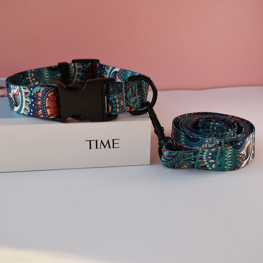 Blue and orange patterned nylon dog collar and matching leash displayed on white box with pink background