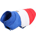 Cargar la imagen en la vista de la galería, Close-up of blue, white, and red padded dog jacket with velcro collar on white background
