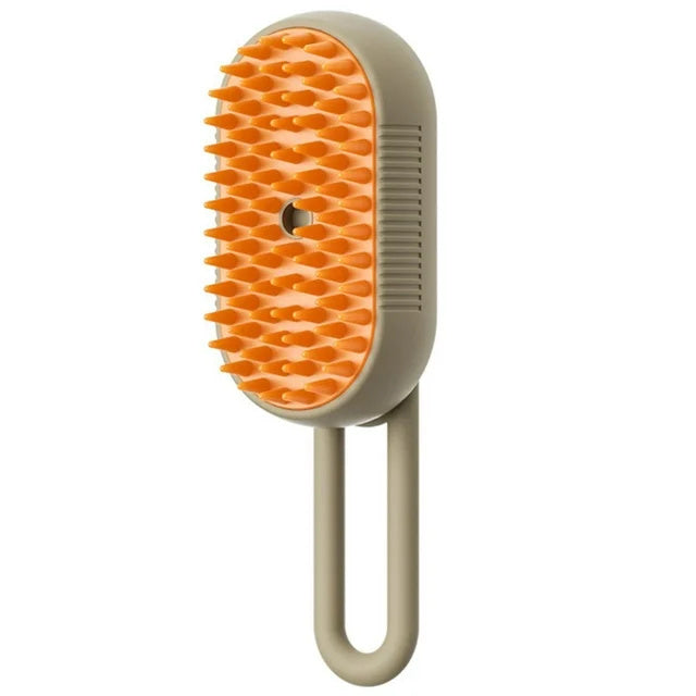Beige electric pet brush front view highlighting orange soft silicone bristles