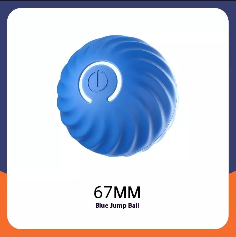 Close-up of blue LED interactive jumping ball with spiral textured surface and power button